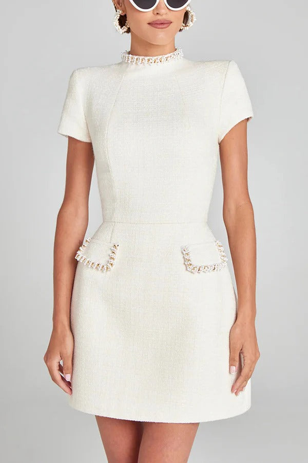 MW | Exquisite und verspielte Tweed Stoff Perlenbesatz kurze Ärmel Pocketed Mini Kleid