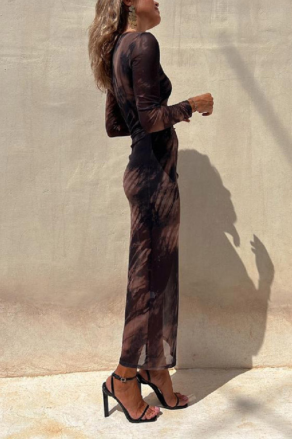 MW | Charm Lady Mesh Overlay Tie Dye Print Langarm geraffte Stretch Midi Kleid