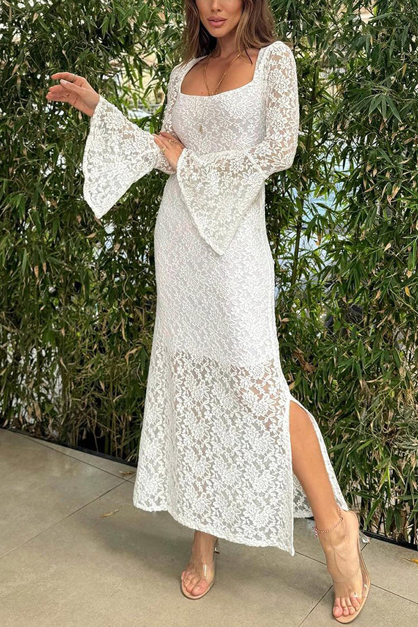 MW | Luxe Lifestyle Spitze Quadratischer Ausschnitt Glocke Ärmel gefüttert Schlitz Midikleid