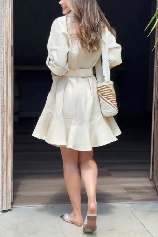 MW | Solide Farbe Lässig Revers Tasche Ruffle Lose Mini Kleid