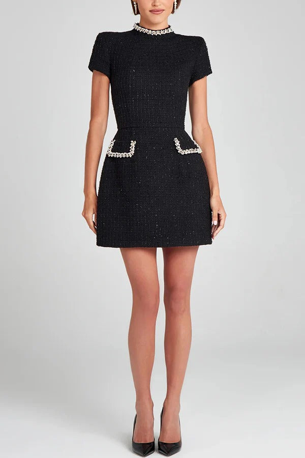 MW | Exquisite und verspielte Tweed Stoff Perlenbesatz kurze Ärmel Pocketed Mini Kleid