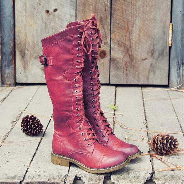 EM | Vintage-Kniehohe Schnürstiefel