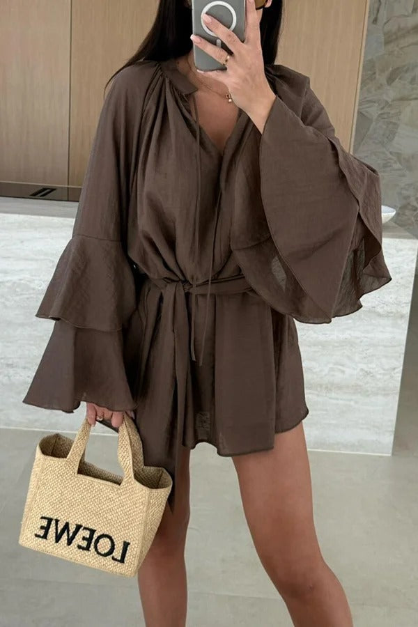 MW | Molly Leinenmischung Tiered Bell Sleeve Tie-up Cover-up Minikleid