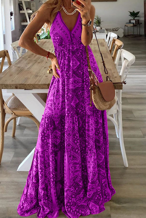 MW | Celeste Boho bedruckte Riemen Maxikleider mit elastischer Taille