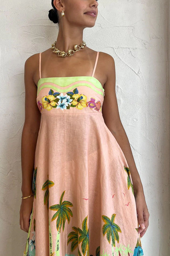MW | Coconut Scenery Leinenmischung Tropical Print Smocked Back Midi Kleid