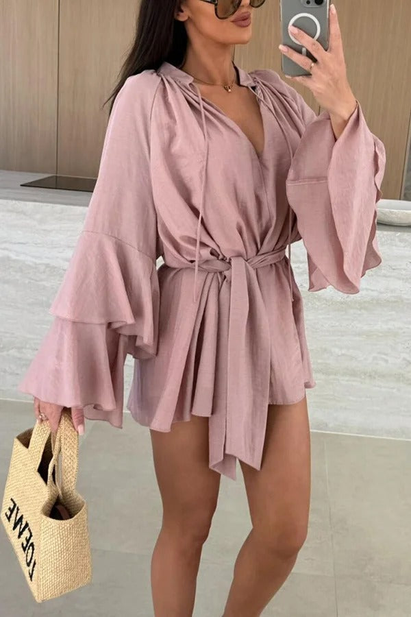 MW | Molly Leinenmischung Tiered Bell Sleeve Tie-up Cover-up Minikleid