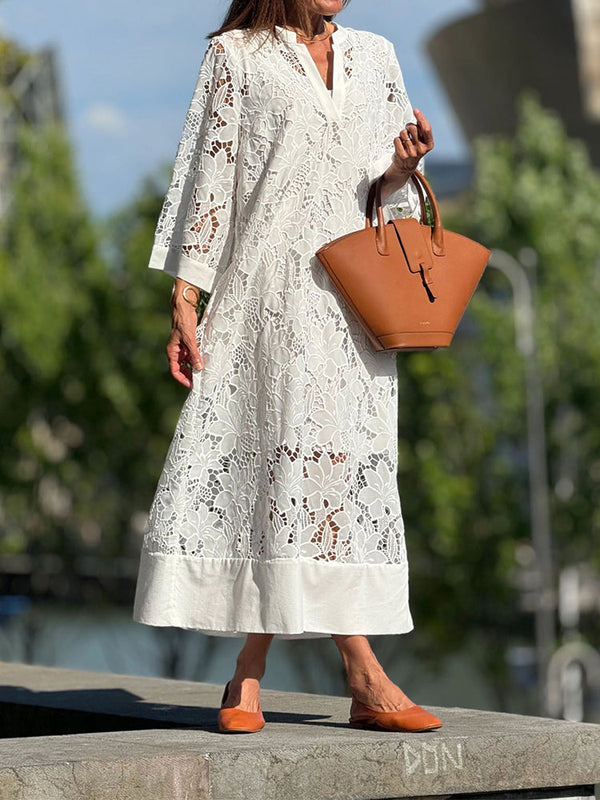 MW | Schickes langes Kleid mit weiten Ärmeln und V-Ausschnitt