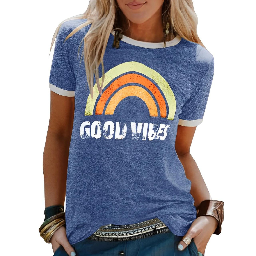 EM | Elegantes Retro-Regenbogen-Good-Vibes-T-Shirt