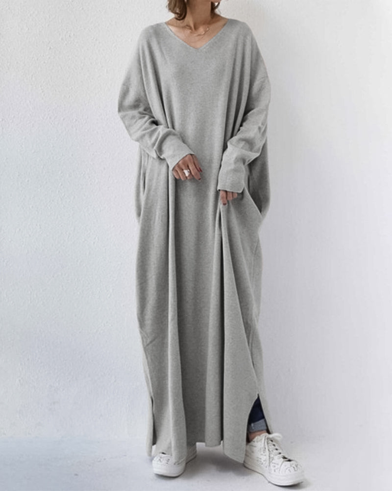 MW | stylisches langärmeliges Maxikleid mit V-Ausschnitt für den Alltag