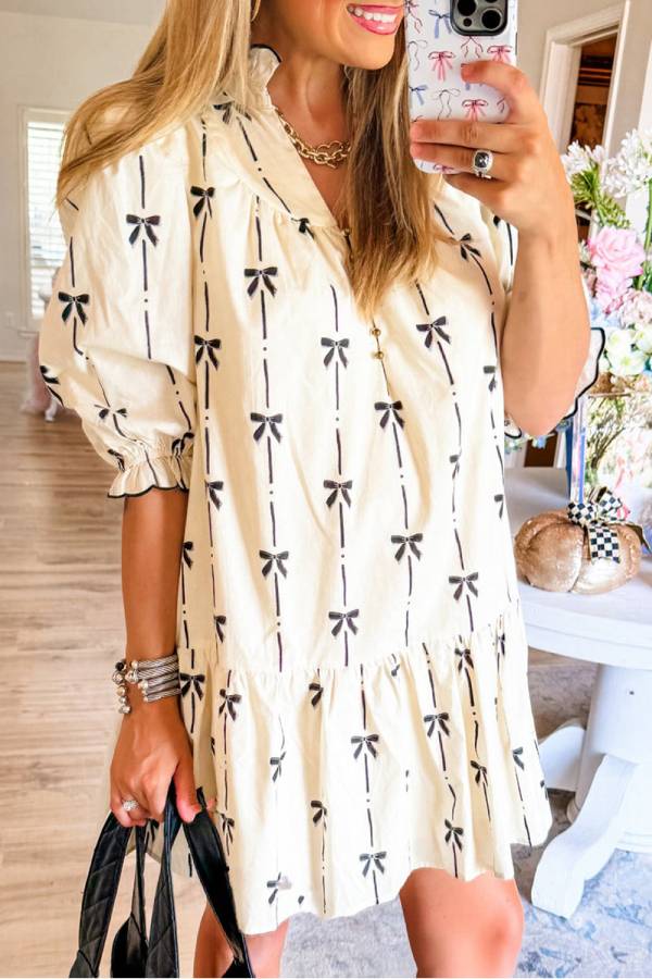 MW | Beige Niedliche Bowknot bedruckte Blase Ärmel V-Ausschnitt Minikleid