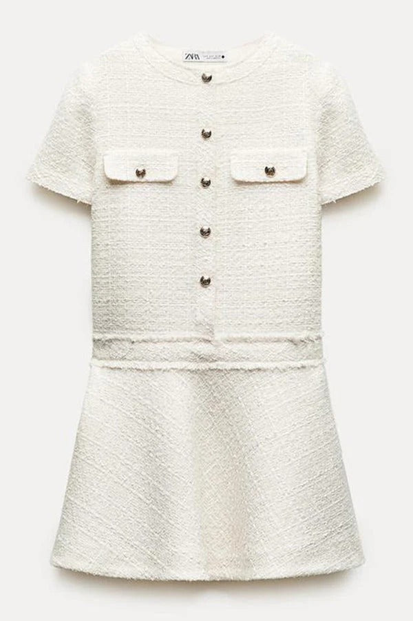 MW | 1960er Jahre London Girl Tweed texturiert Gold Knopf Kurzarm Pocketed Mini Kleid
