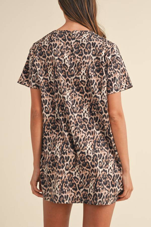 MW | Brown Leopard Print Kurzärmeliges Minikleid mit Tasche