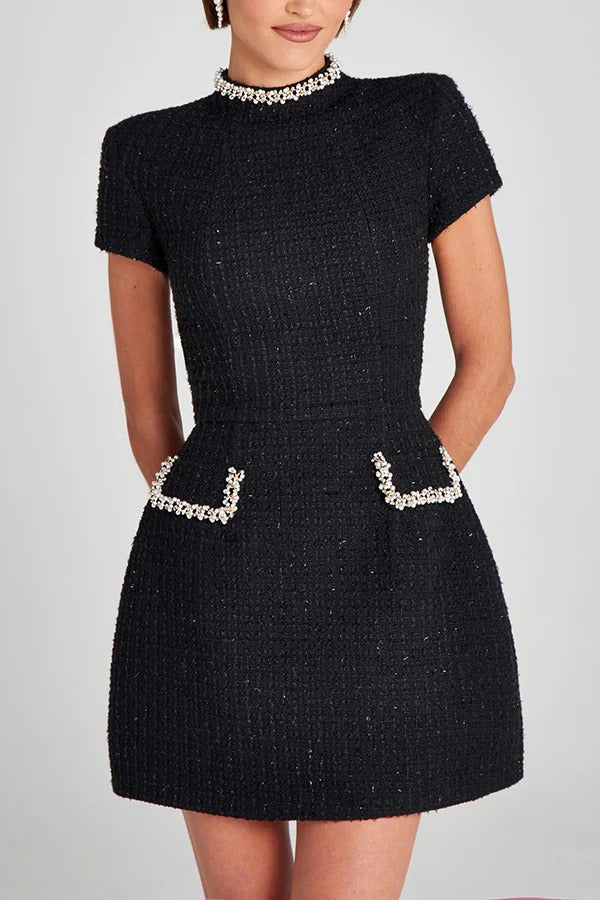 MW | Exquisite und verspielte Tweed Stoff Perlenbesatz kurze Ärmel Pocketed Mini Kleid