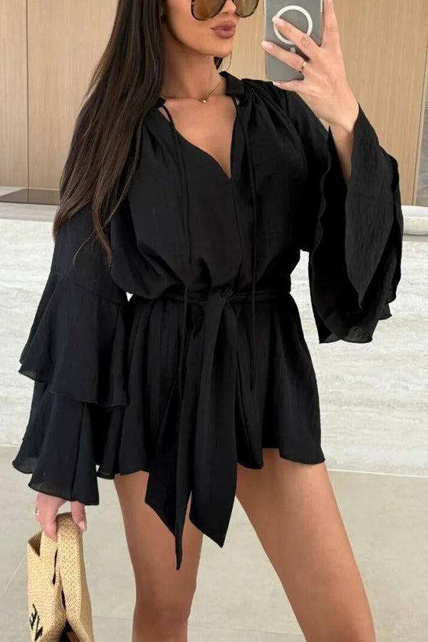 MW | Molly Leinenmischung Tiered Bell Sleeve Tie-up Cover-up Minikleid