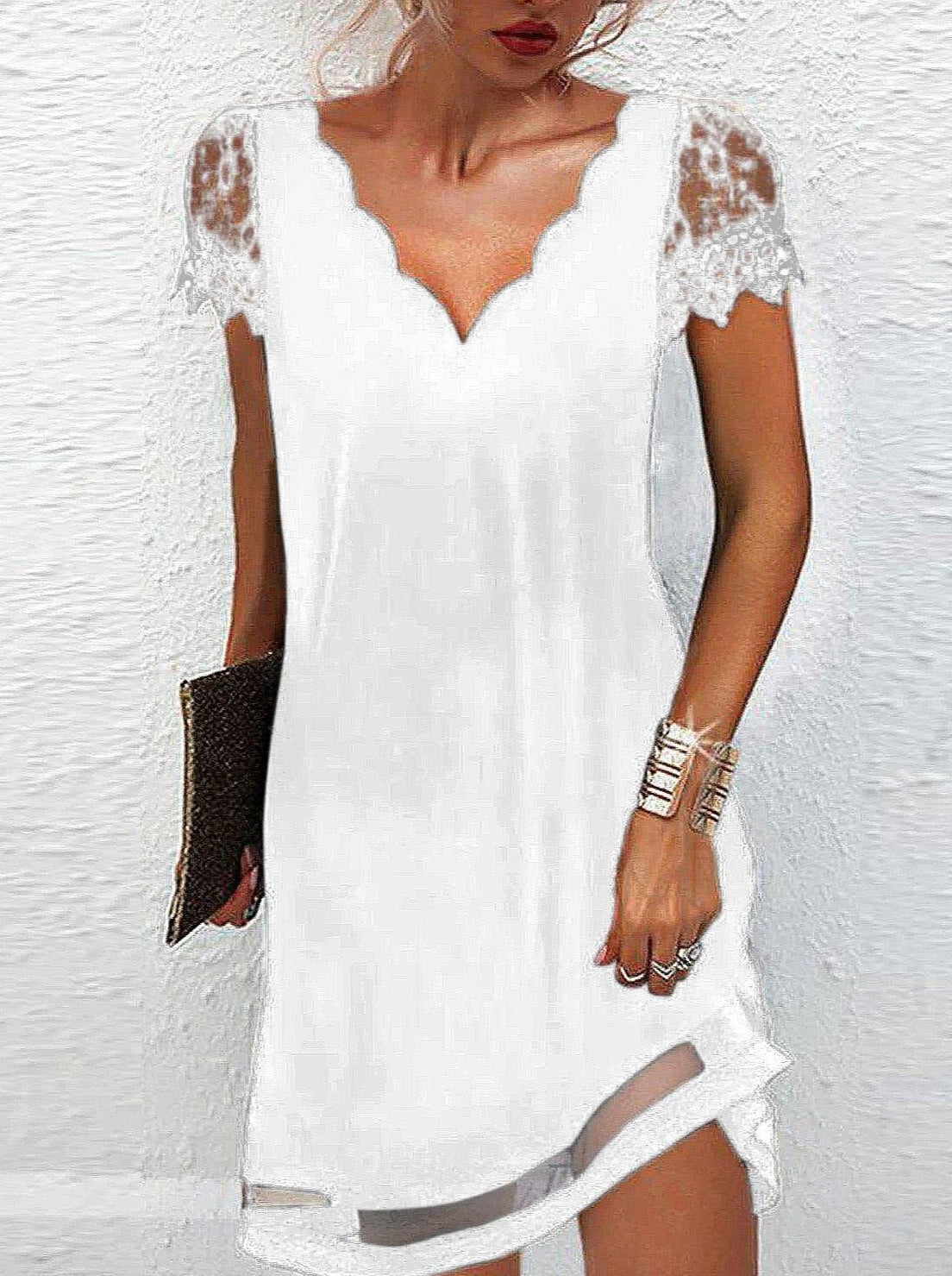 MW | Wavy V-Ausschnitt Spitze Kurzarm Chiffon Kleid
