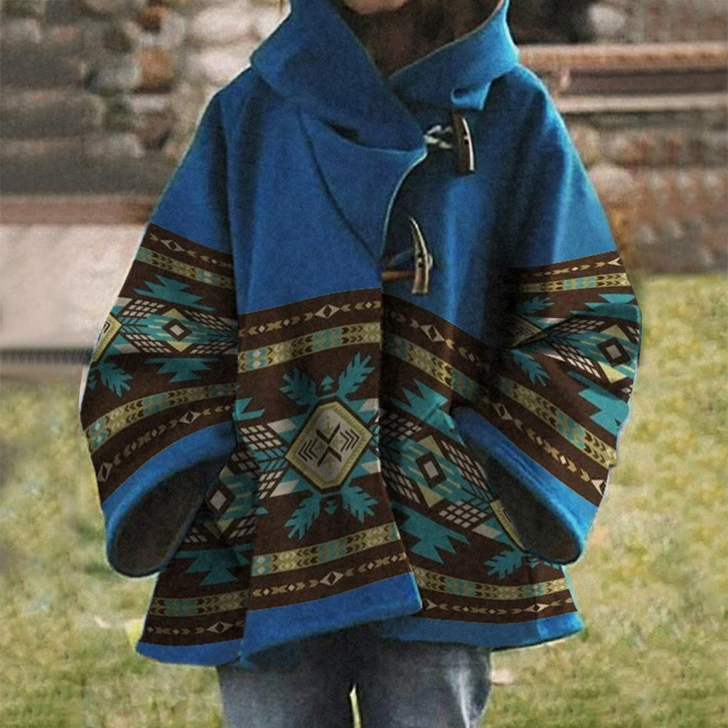 EM | Boho Tribal gemusterter Mantel mit Kapuze