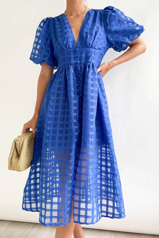 MW | Remarkable Beauty Quadratisch Gemusterter Stoff Puffärmel Party Midi Kleid