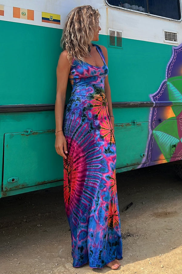 MW | La Bamba Tie-dye Print Rückenschnürung Stretch Maxikleid