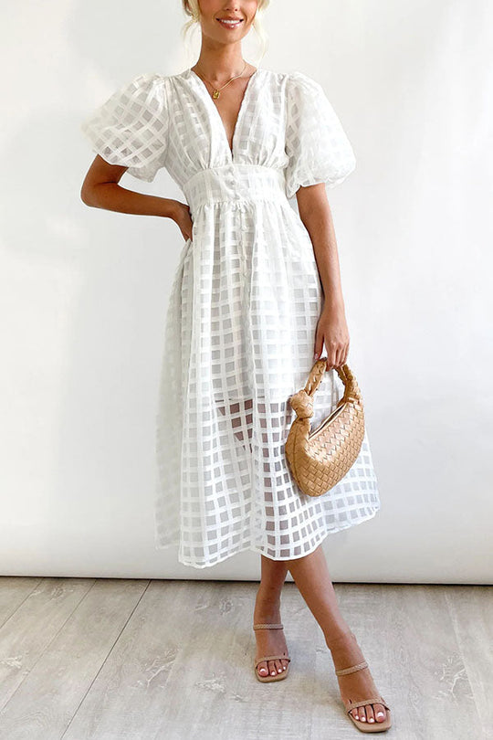 MW | Remarkable Beauty Quadratisch Gemusterter Stoff Puffärmel Party Midi Kleid