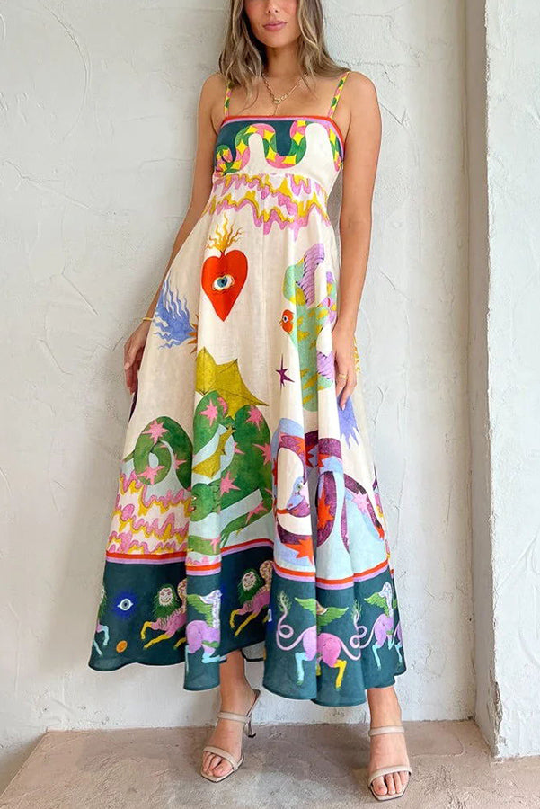 MW | Feel Effortlessly Leinenmischung Einzigartiger Druck Smocked Back Midi Kleid