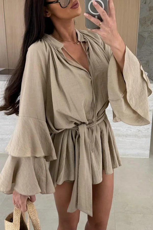 MW | Molly Leinenmischung Tiered Bell Sleeve Tie-up Cover-up Minikleid