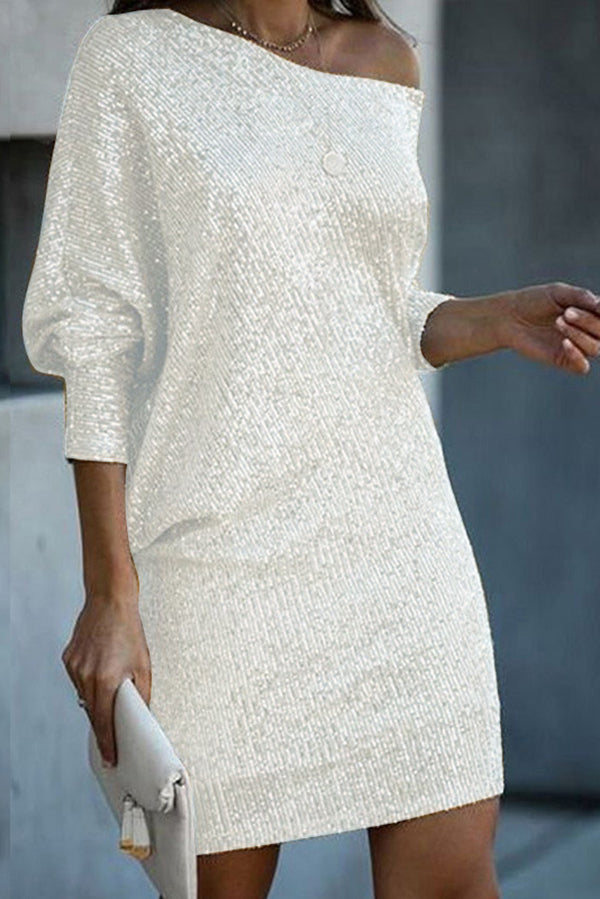 MW | Solid Pailletten Off-shoulder Lose Mini Kleid