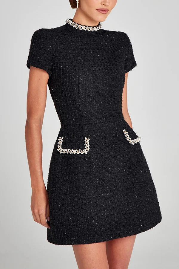 MW | Exquisite und verspielte Tweed Stoff Perlenbesatz kurze Ärmel Pocketed Mini Kleid