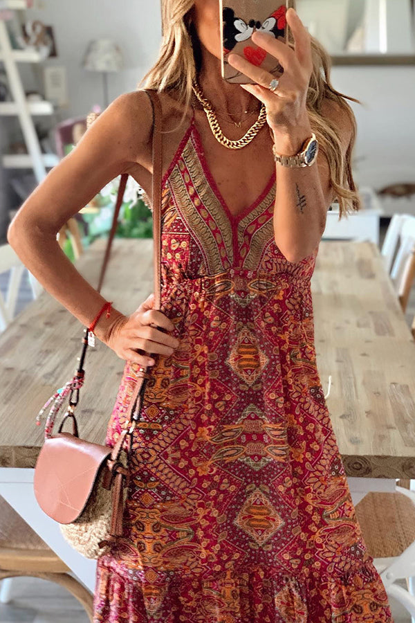MW | Celeste Boho bedruckte Riemen Maxikleider mit elastischer Taille