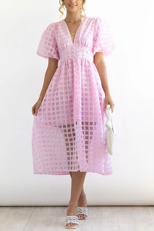 MW | Remarkable Beauty Quadratisch Gemusterter Stoff Puffärmel Party Midi Kleid