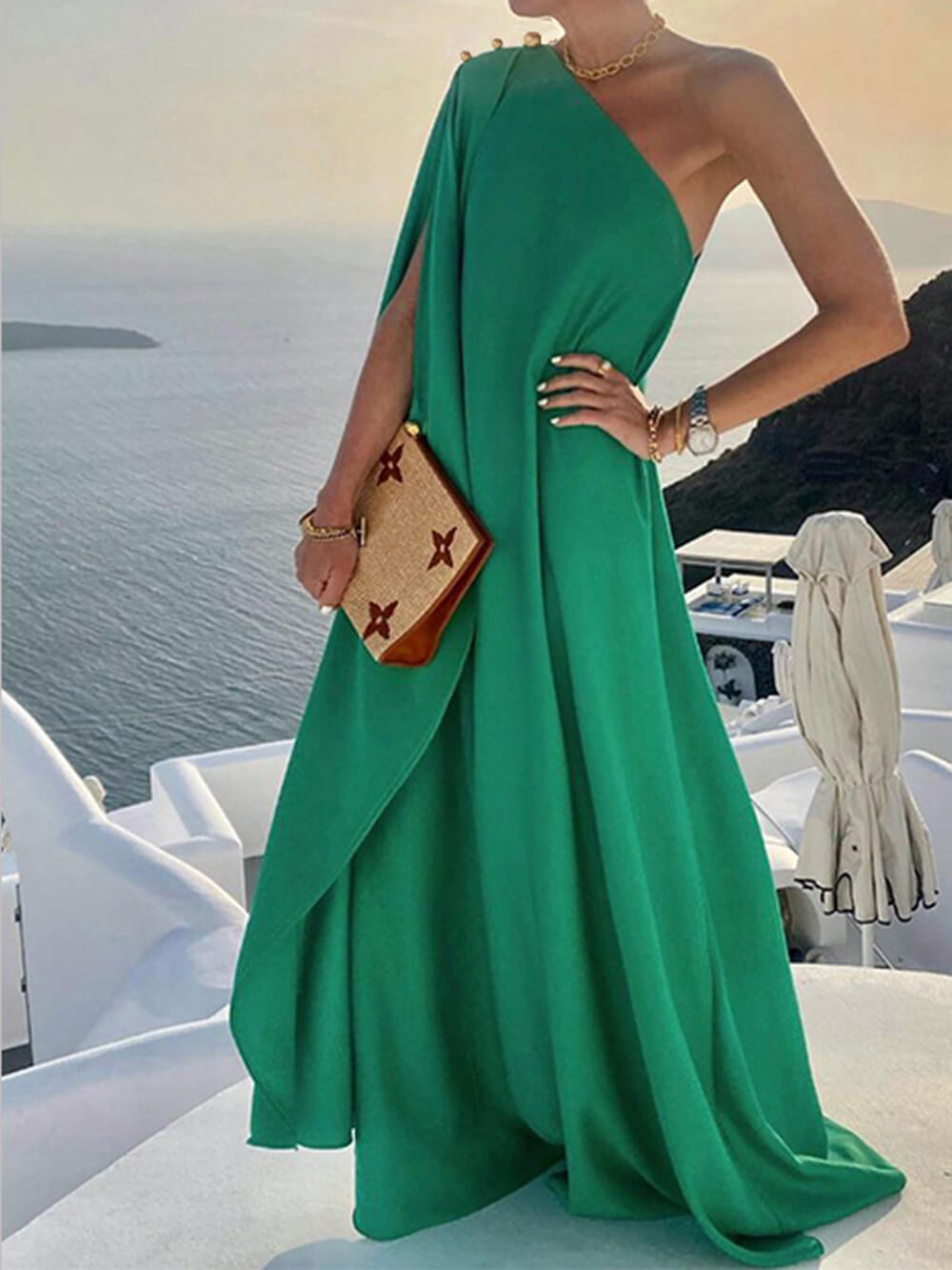 MW | Solide Farbe Lose Ein-Schulter-Maxi-Kleid