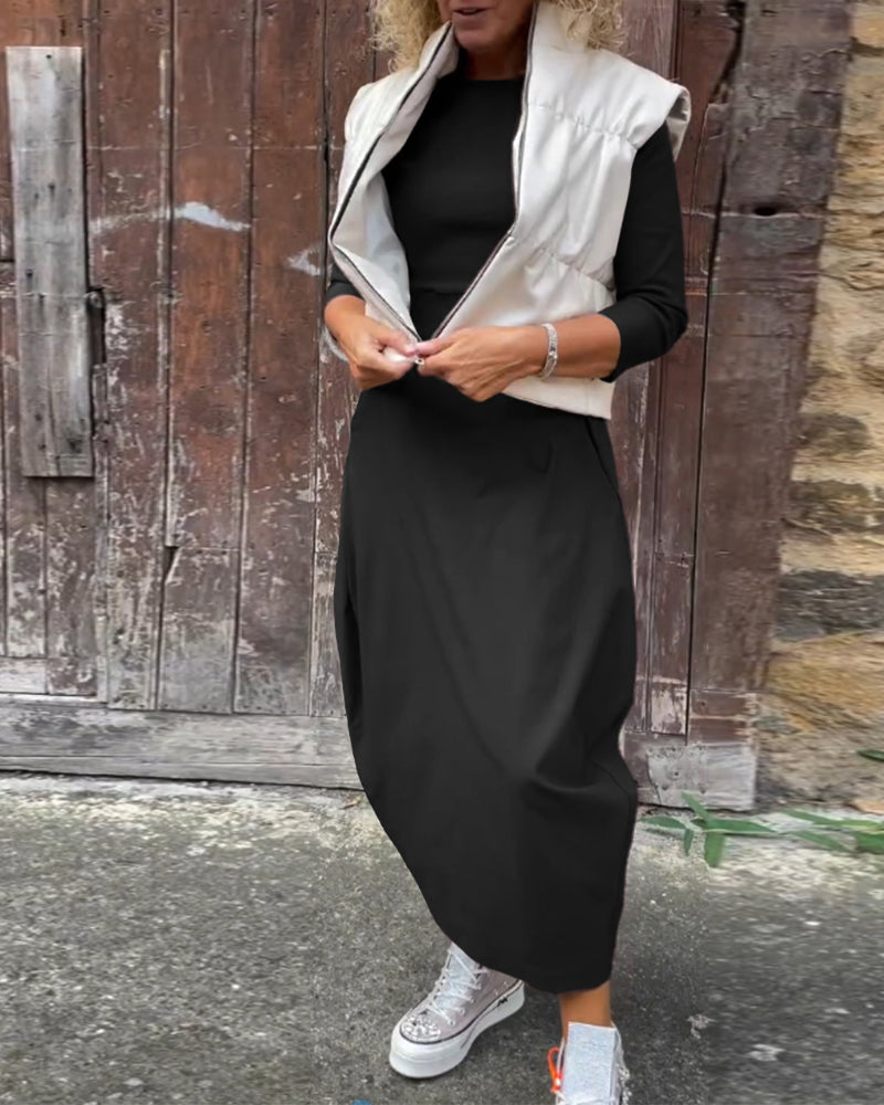 MW | Einfaches einfarbiges Kleid mit langen Ärmeln und Taschen