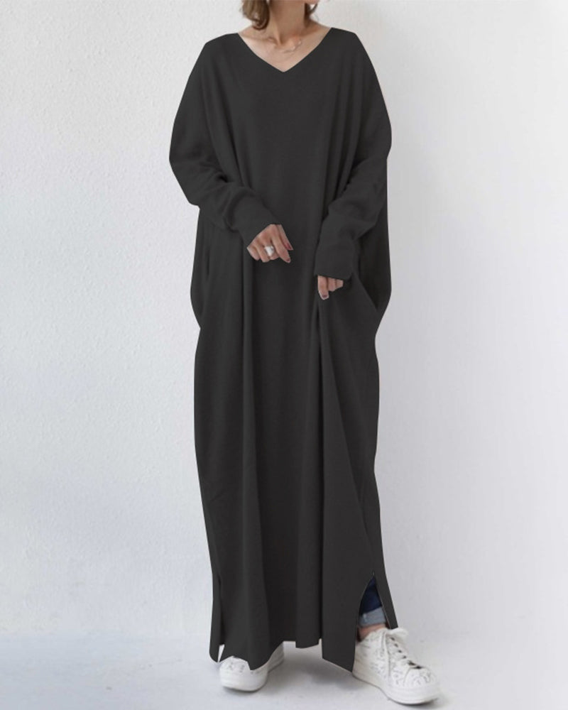 MW | stylisches langärmeliges Maxikleid mit V-Ausschnitt für den Alltag
