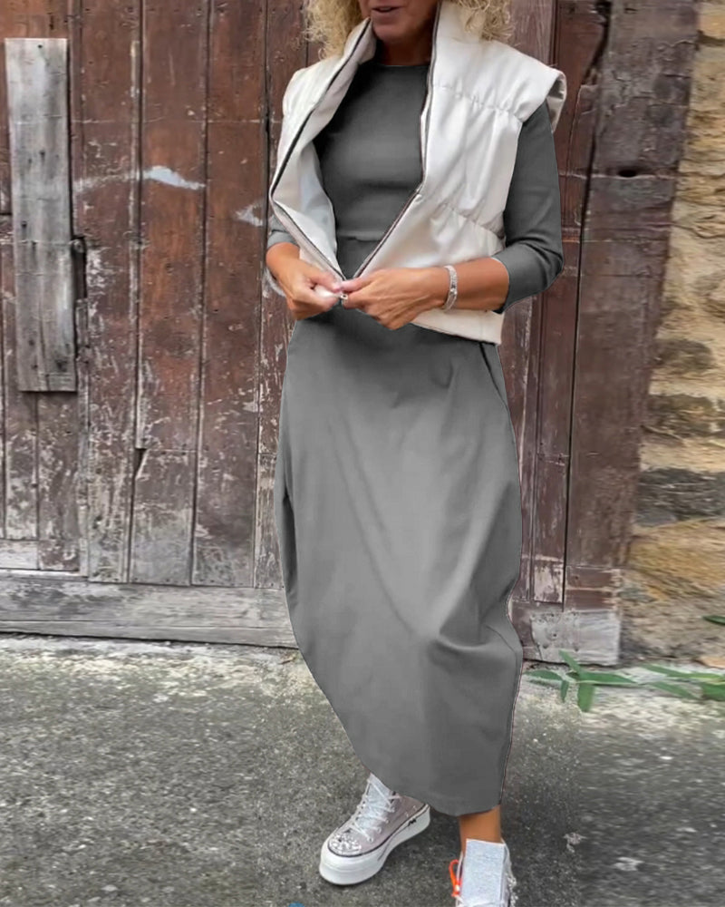 MW | Einfaches einfarbiges Kleid mit langen Ärmeln und Taschen