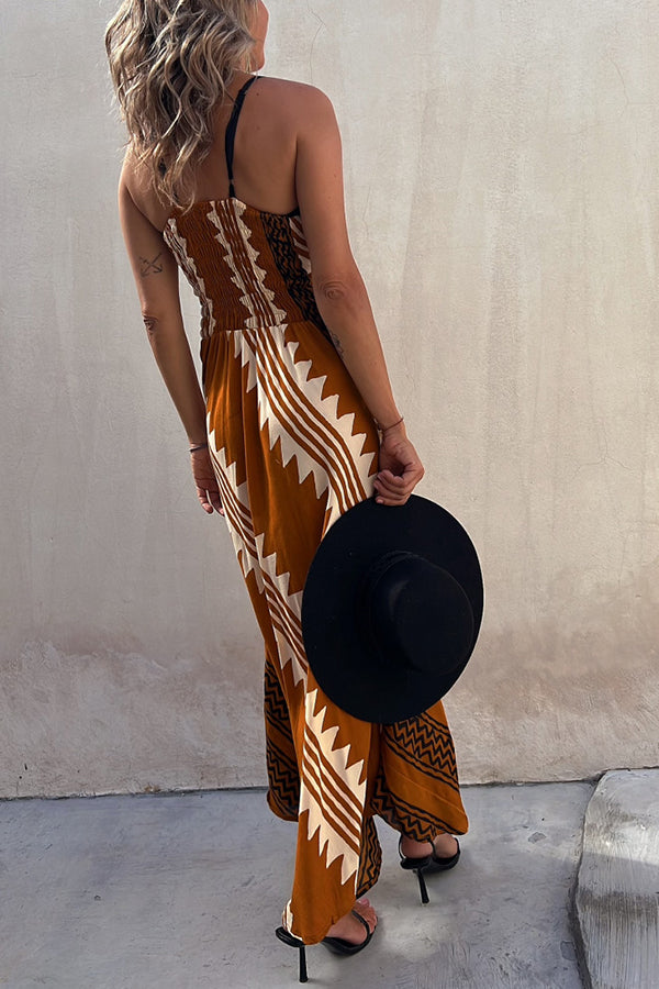 MW | Always Falling Satin Ethnic Print Smocked Back Midi Kleid