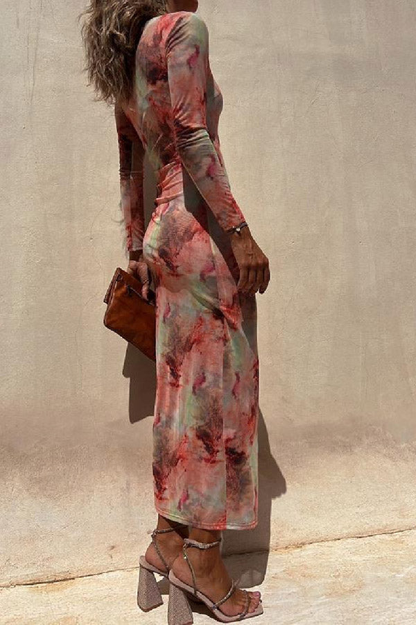 MW | Charm Lady Mesh Overlay Tie Dye Print Langarm geraffte Stretch Midi Kleid