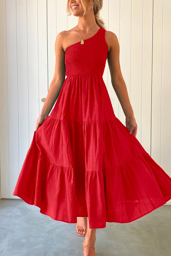 MW | Schulterfreies, ärmelloses, gerafftes Maxikleid mit Rüschen