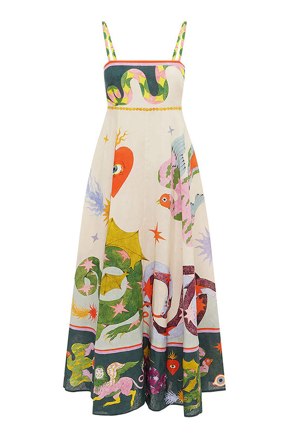 MW | Feel Effortlessly Leinenmischung Einzigartiger Druck Smocked Back Midi Kleid