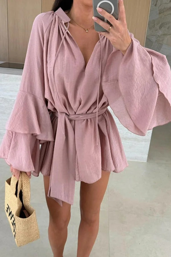 MW | Molly Leinenmischung Tiered Bell Sleeve Tie-up Cover-up Minikleid