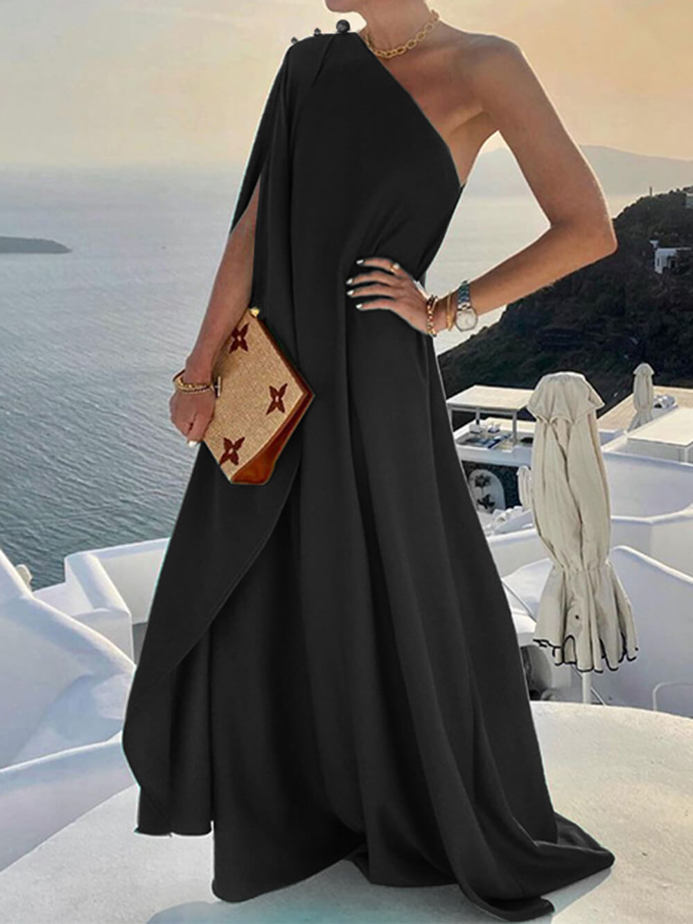 MW | Solide Farbe Lose Ein-Schulter-Maxi-Kleid