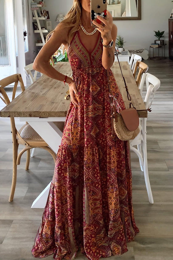 MW | Celeste Boho bedruckte Riemen Maxikleider mit elastischer Taille