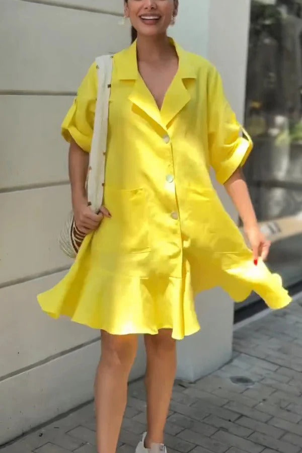 MW | Solide Farbe Lässig Revers Tasche Ruffle Lose Mini Kleid