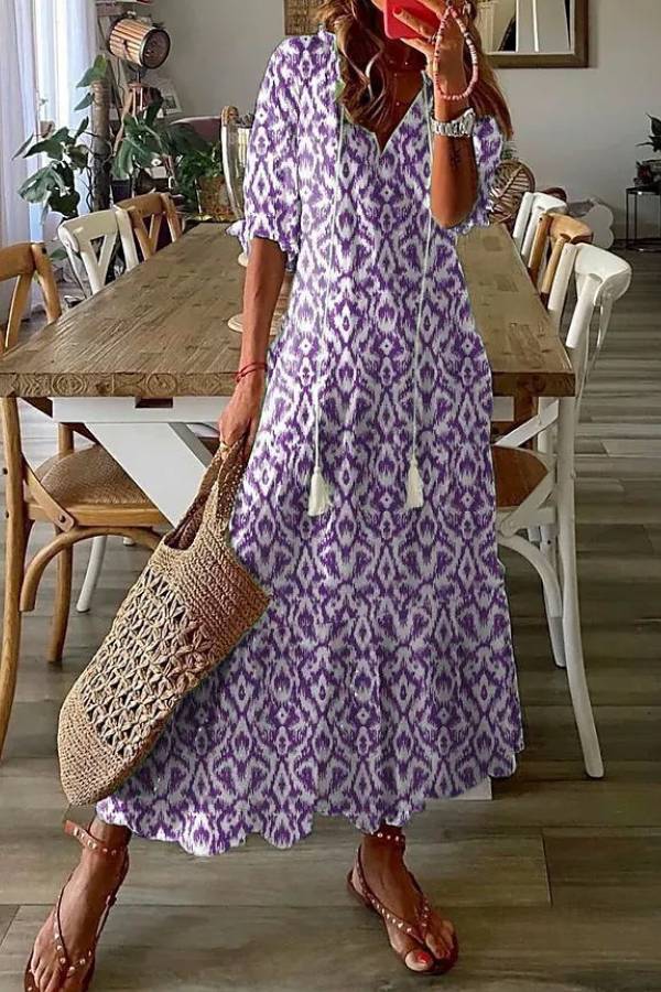MW | Geometrischer Druck Lässiges V-Ausschnitt Maxikleid