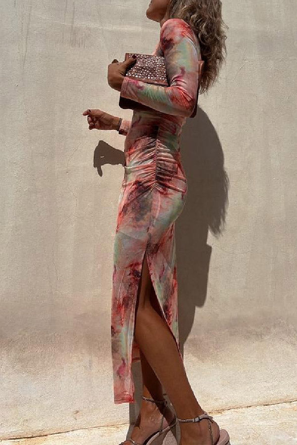 MW | Charm Lady Mesh Overlay Tie Dye Print Langarm geraffte Stretch Midi Kleid