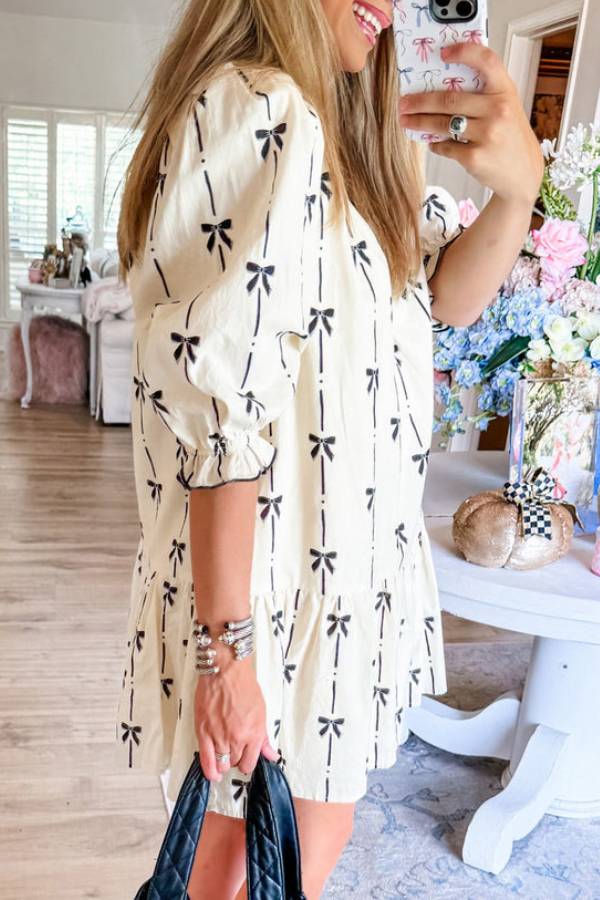 MW | Beige Niedliche Bowknot bedruckte Blase Ärmel V-Ausschnitt Minikleid