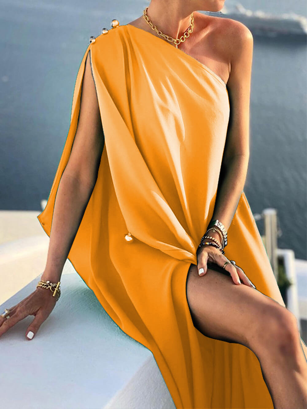 MW | Solide Farbe Lose Ein-Schulter-Maxi-Kleid