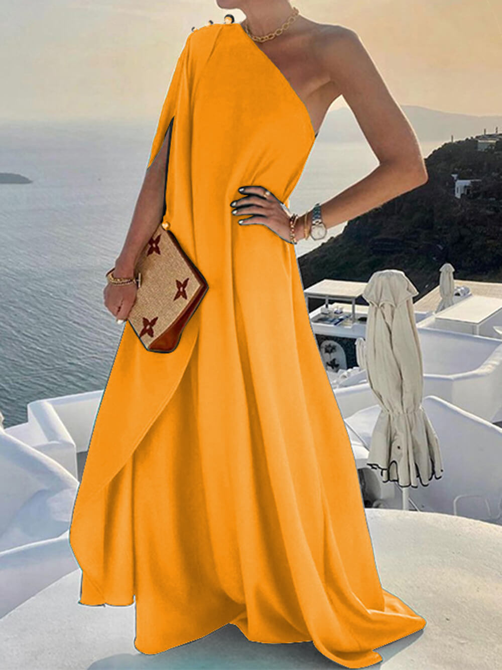 MW | Solide Farbe Lose Ein-Schulter-Maxi-Kleid