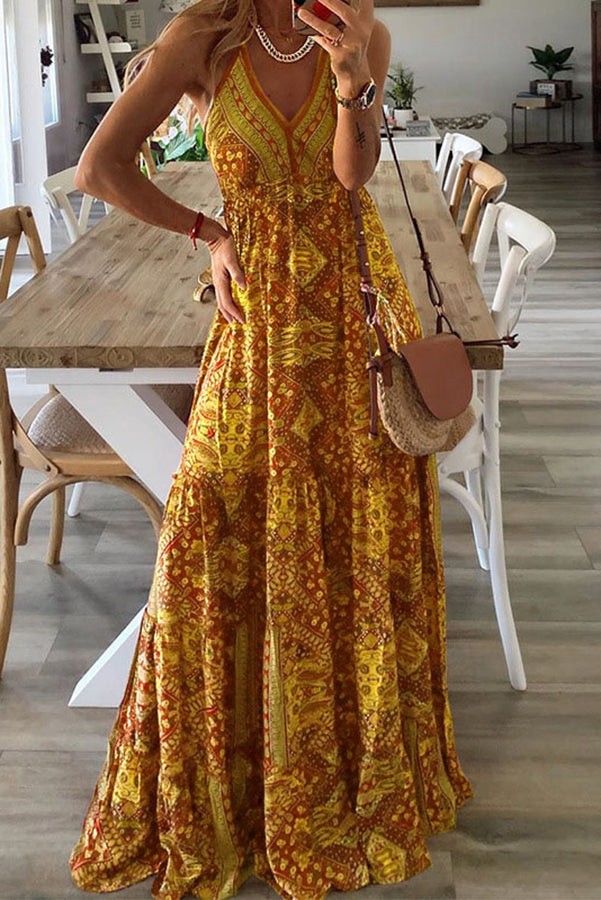MW | Celeste Boho bedruckte Riemen Maxikleider mit elastischer Taille