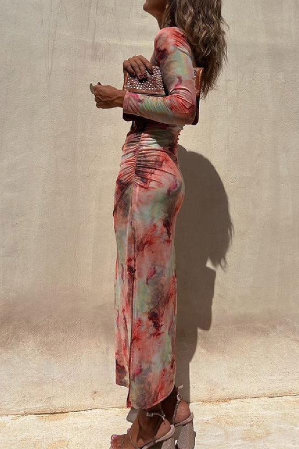 MW | Charm Lady Mesh Overlay Tie Dye Print Langarm geraffte Stretch Midi Kleid