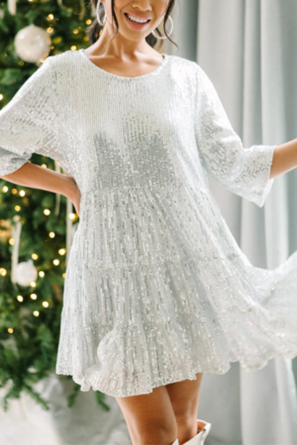 MW | Silbrige Party Pailletten Halbe Ärmel Rundhalsausschnitt Minikleid