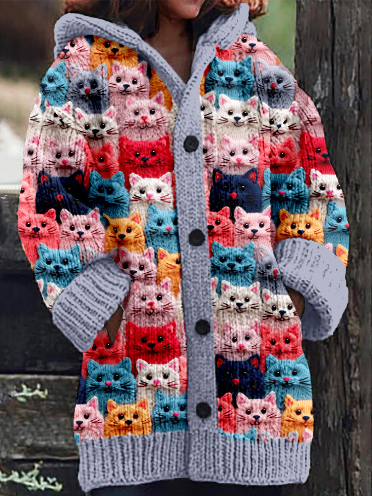 EM | Gestrickter Mantel mit Knopfleiste und verspieltem Katzenprint